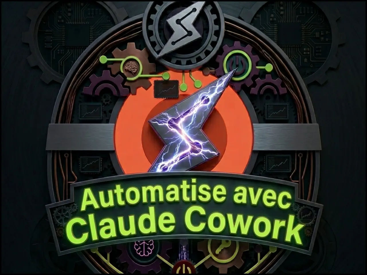 Badge steampunk avec engrenages, circuits imprimés et éclair métallique sur fond orange.