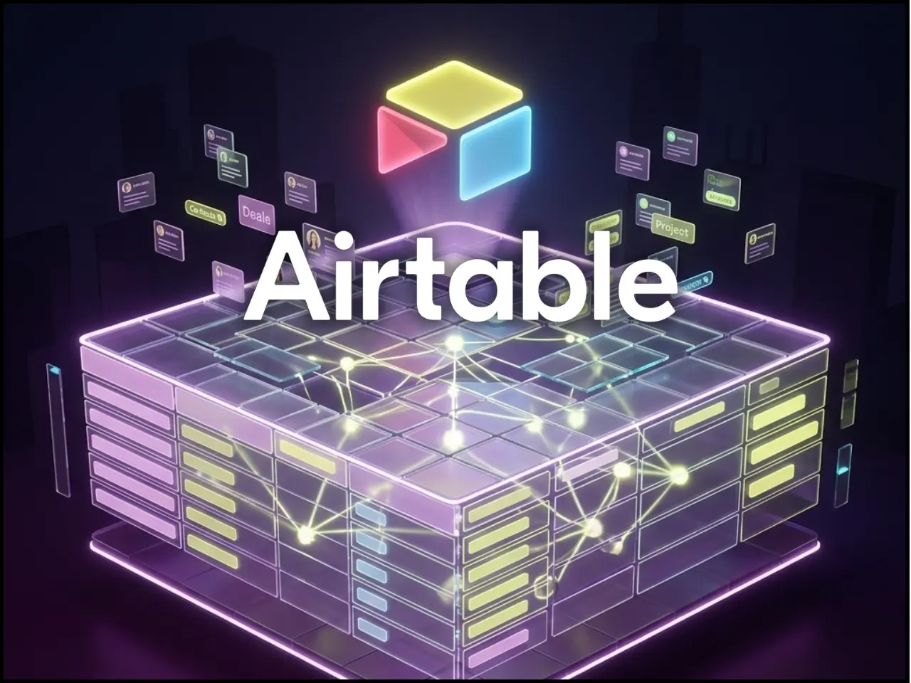 Femme souriante travaillant sur un ordinateur portable affichant le logo Airtable, dans un bureau lumineux à domicile.