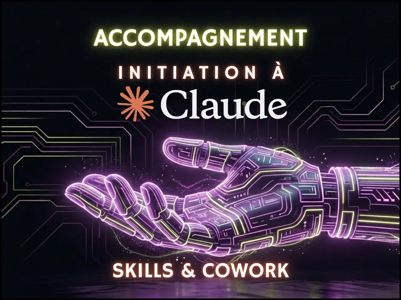 Main robotique aux contours néon violet, tendue sur un fond de circuits imprimés lumineux, avec le logo Claude au centre.