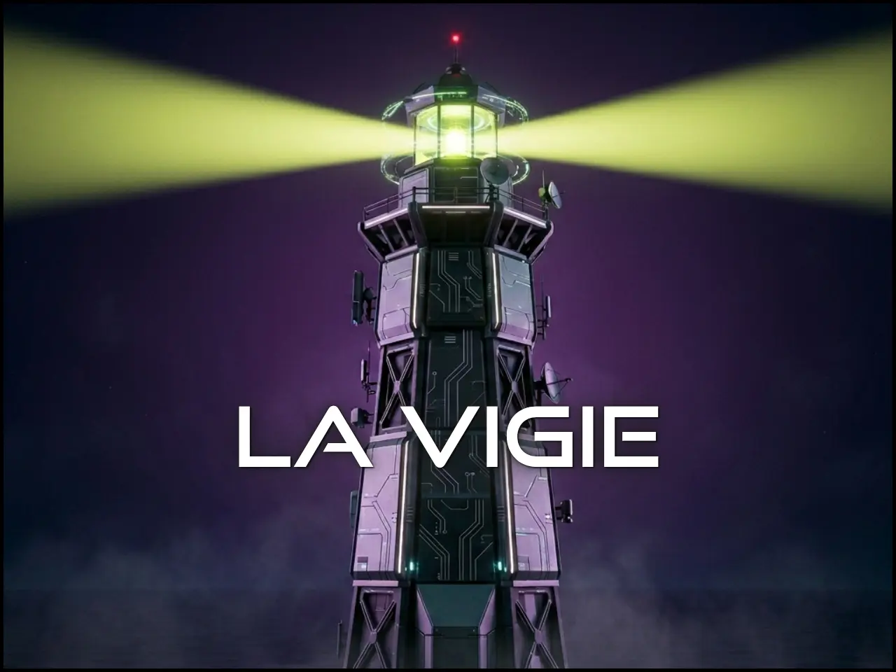 Phare futuriste émettant deux faisceaux de lumière verte, signal rouge au sommet, sur fond violet nocturne.