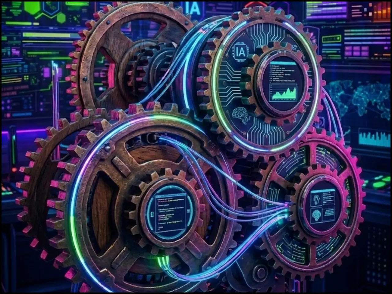 Engrenages mécaniques en cuivre intégrant des écrans numériques (graphiques, icône cerveau, texte IA), reliés par des câbles lumineux, sur fond d'interface technologique aux néons colorés.