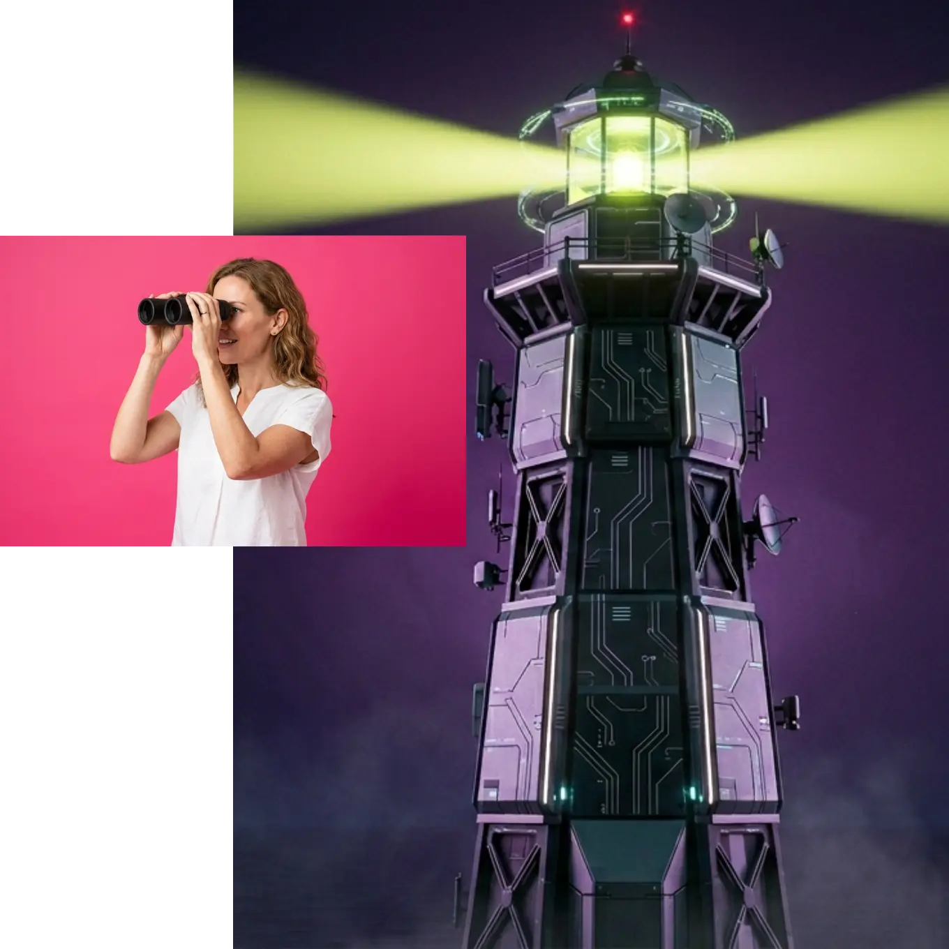Femme avec des jumelles devant un phare futuriste à faisceaux lumineux, symbole de la veille technologique