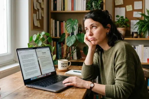 Entrepreneure exaspérée levant les yeux au ciel devant son portable affichant une conversation avec une IA, dans son bureau à domicile