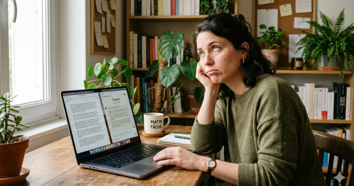 Entrepreneure exaspérée levant les yeux au ciel devant son portable affichant une conversation avec une IA, dans son bureau à domicile