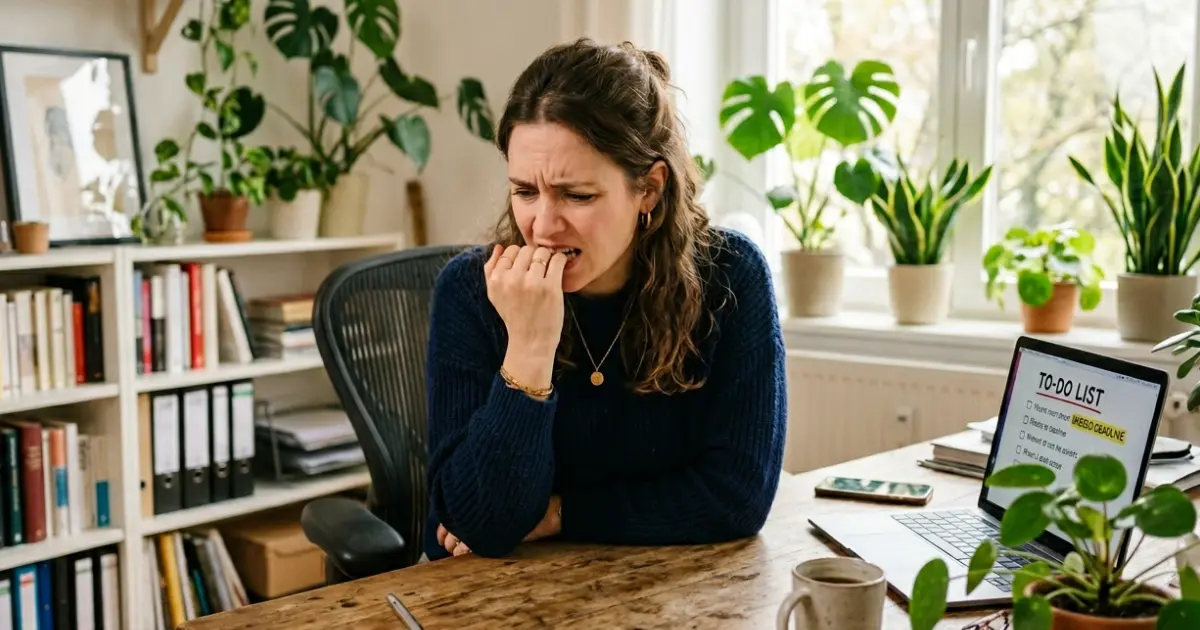 Entrepreneure stressée à son bureau à domicile, se rongeant les ongles devant son portable affichant une liste de tâches avec une échéance manquée.