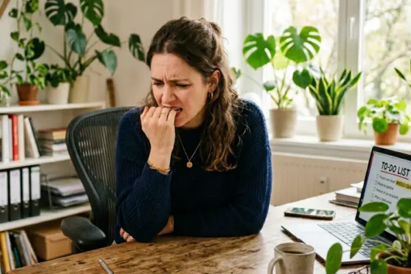 Entrepreneure stressée à son bureau à domicile, se rongeant les ongles devant son portable affichant une liste de tâches avec une échéance manquée.