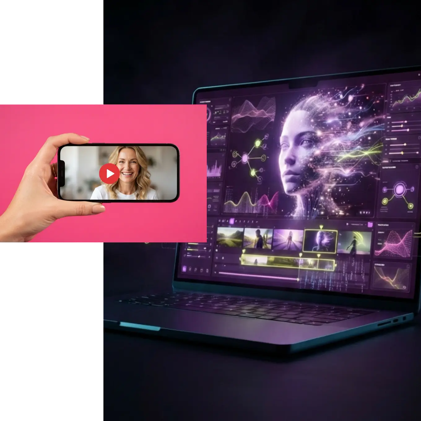 Ordinateur portable affichant un outil de création vidéo par IA avec avatar numérique et montage automatisé, à côté d'un téléphone montrant la vidéo finale.